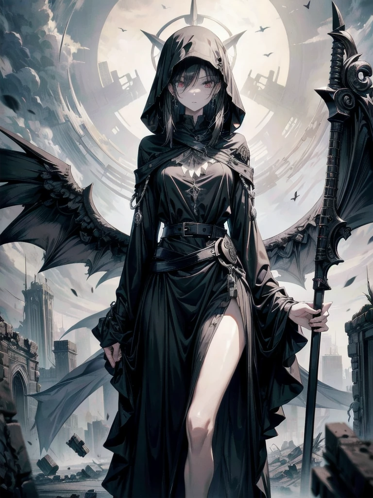 (ruined city), grim reaper, black scythe, robe, absurdres, RAW photo, extremely delicate and beautiful, masterpiece, Best Quality, ultra high resolution, 32k, hyperrealistic, ultra-detailed, detailed description, pale skin, 20 years old, tearful mole, earring, short medium hair, wavy hair, whole body shot,