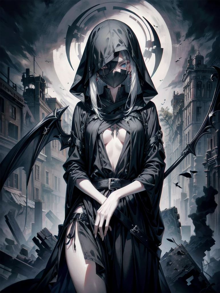 (ruined city), grim reaper, black scythe, robe, absurdres, RAW photo, extremely delicate and beautiful, masterpiece, Best Quality, ultra high resolution, 32k, hyperrealistic, ultra-detailed, detailed description, pale skin, 20 years old, tearful mole, earring, short medium hair, wavy hair, whole body shot,