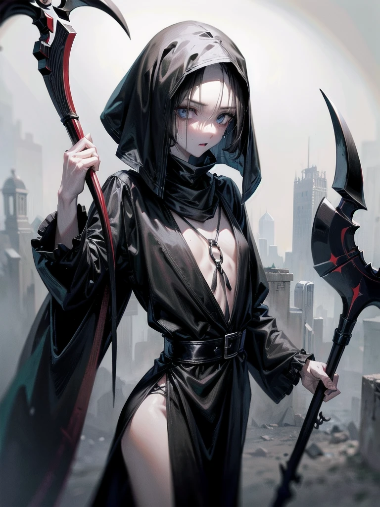 (ruined city), grim reaper, black scythe, robe, absurdres, RAW photo, extremely delicate and beautiful, masterpiece, Best Quality, ultra high resolution, 32k, hyperrealistic, ultra-detailed, detailed description, pale skin, 20 years old, tearful mole, earring, short medium hair, wavy hair, whole body shot,