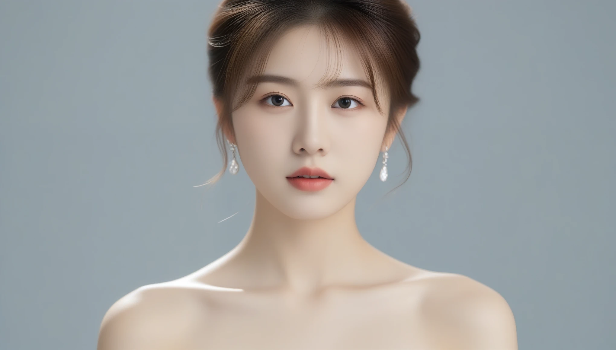 8k, Ultra-high resolution, highest quality, masterpiece, Surreal, photograph, 1 girl, (:1.3), pretty girl, Cute Face, Beautiful eyes in every detail, 細かくdetailedに,masterpiece,Japan Female Announcer,(masterpiece:1.21),(highest quality:1.21),8k,detailedな,超detailed,Depth of written boundary,Wide-angle, Mid Shot, Intermediate pose ,Full body hip-raising pose , Above Knee Pose , One girl,Beautiful Face,Graceful Hands,Real skin texture,alone,View Viewer,Beautiful backgrounds are trending,(灰colorの背景のポートレートphotograph),Iris,Beautiful fine details,random_color_lipstick,eyeliner,eyelash,random_color_nail_Grinding,Earrings,necklace,Metallic copper hair,Updo,Conceit,High key lighting,Shadow,Sexy pose、See through 、Looking at the audience、beauty,Long neck、Laugh a little、Please close your mouth and laugh、(((Ideal body type))),A-cup small breasts :2,、Portraiture:2、Perfect Anatomy、鮮明なdetailed、detailed、Surreal、光とShadow,Strong light,Fashion magazine cover,Thin lips