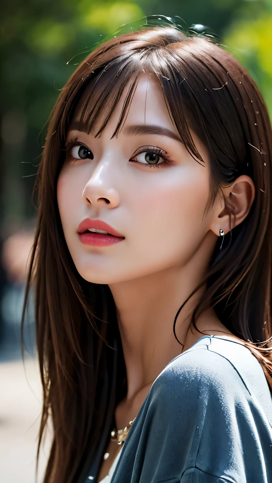 (hig彼st quality、8k、32k、masterpiece)、(Realistic)、(Realistic:1.2)、(High resolution)、(Random composition:1.6), Very detailed、Very beautiful face and eyes、1 girl、Delicate body、(hig彼st quality、Attention to detail、Rich skin detail)、(hig彼st quality、8k、Oil paints:1.2)、Very detailed、(Realistic、Realistic:1.37)、Bright colors, (Casual Fashion:1.3), Blunt bangs, 