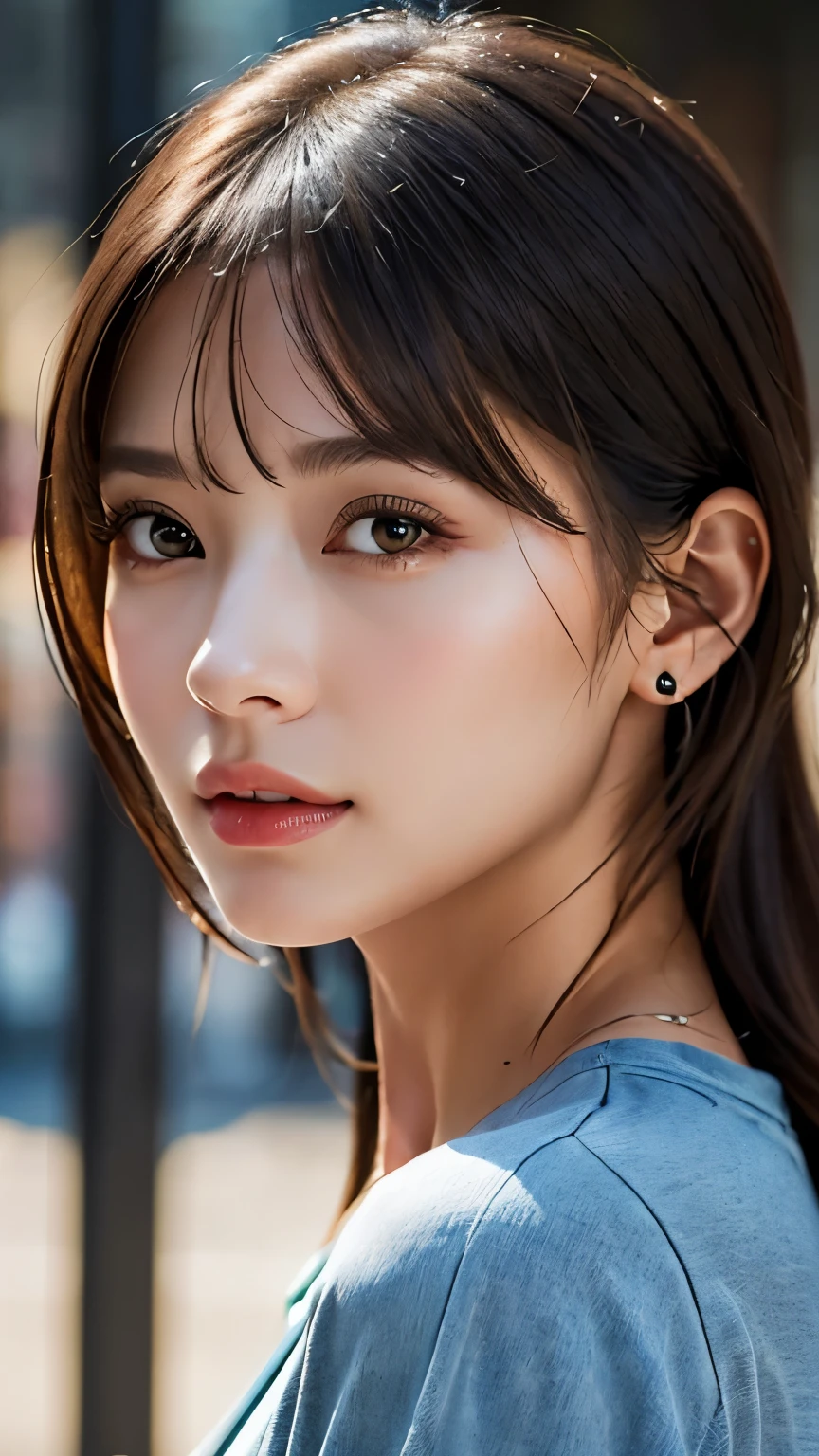 (hig彼st quality、8k、32k、masterpiece)、(Realistic)、(Realistic:1.2)、(High resolution)、(Random composition:1.6), Very detailed、Very beautiful face and eyes、1 girl、Delicate body、(hig彼st quality、Attention to detail、Rich skin detail)、(hig彼st quality、8k、Oil paints:1.2)、Very detailed、(Realistic、Realistic:1.37)、Bright colors, (Casual Fashion:1.3), Blunt bangs, 