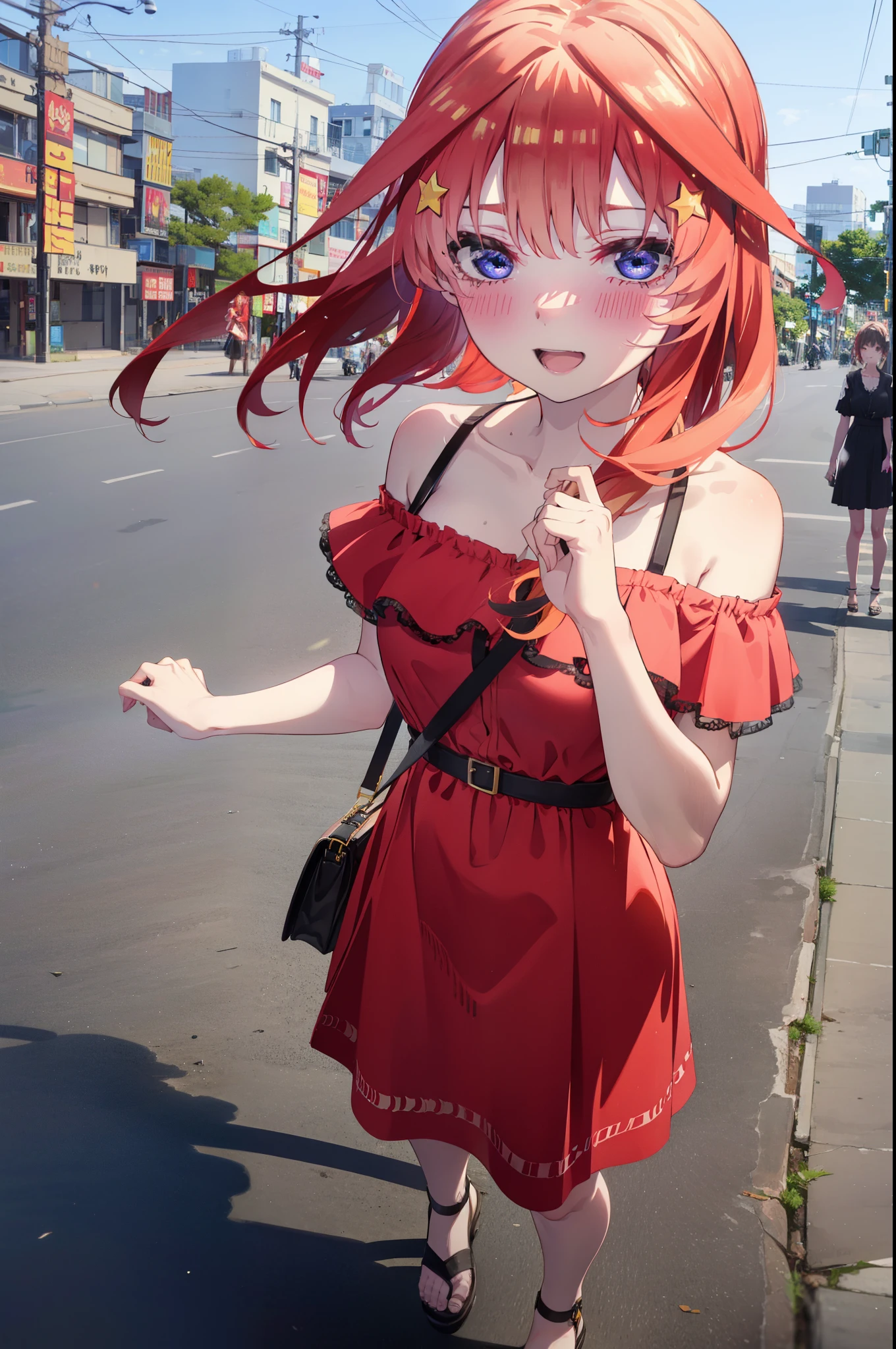 itsukinakano, Itsuki Nakano, bangs, blue eyes, Hair ween the eyes, Ahoge, Redhead, star \(symbol\), hair ornaments, star hair ornaments,star型ペンダント,happy smile, smile, Open your mouth,Off-the-shoulder red dress,Exposing shoulders,Spring clavicle,Bare neck,Bare arms,Red long skirt,Cute heeled sandals,Real Summer,Daytime,sunny,My hair is blowing in the wind,whole bodyがイラストに入るように,Looking down from above,
break outdoors, city,海岸通り
break looking at viewer, whole body,
break (masterpiece:1.2), highest quality, High resolution, unity 8k wallpaper, (shape:0.8), (Beautiful details:1.6), Highly detailed face, Perfect lighting, Extremely detailed CG, (Perfect hands, Perfect Anatomy),