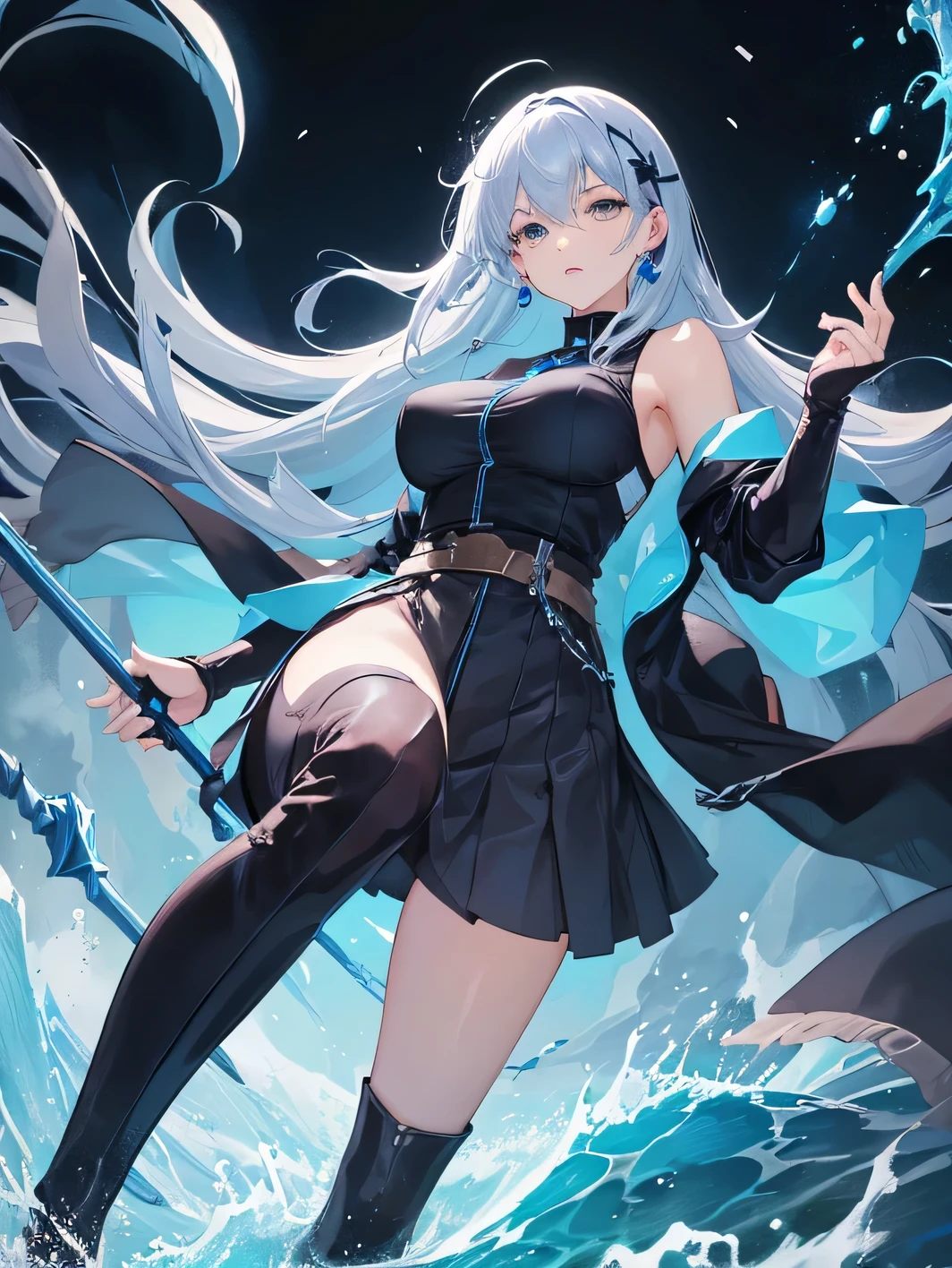 1female, female in her 30s, black fingerless gloves, long separate voile sleeves, big breasts, long over-the-knee black boots with blue elements, knee-length skirt, sleeveless shirt, belt, several chains, short coat to the waist, long hair, staff, blue elements on her clothes. cold blue and black colours. dynamic pose. character poster style. water magic.