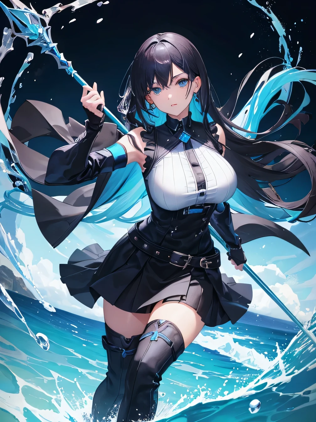 1female, female in her 30s, black fingerless gloves, long separate voile sleeves, big breasts, long over-the-knee black boots with blue elements, knee-length skirt, sleeveless shirt, belt, several chains, short coat to the waist, long hair, staff, blue elements on her clothes. cold blue and black colours. dynamic pose. character poster style. water magic.