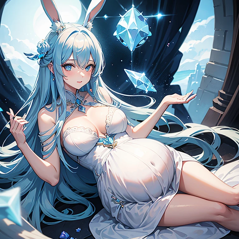 Beautiful pregnant female sorceress, elegant formal detailed and dress with blue details, blue gems, mature, buns, orange hair, piercing blue eyes, wants to have sex with me, cleae