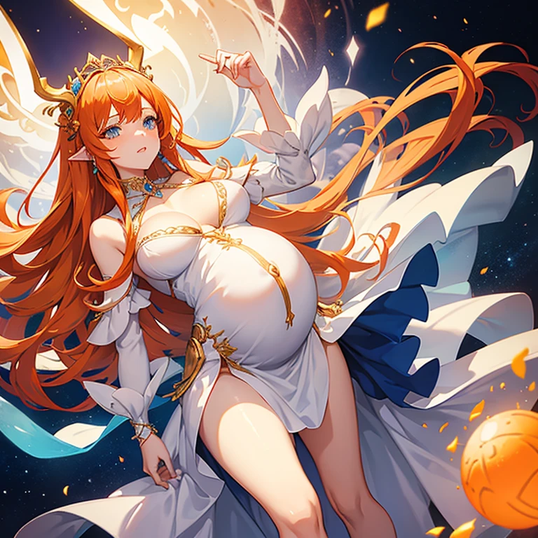 Beautiful pregnant female sorceress, elegant formal detailed and tight white dress with orange details, blue gems, mature, bunny ears, orange hair, piercing blue eyes, wants to have sex with me, cleavage