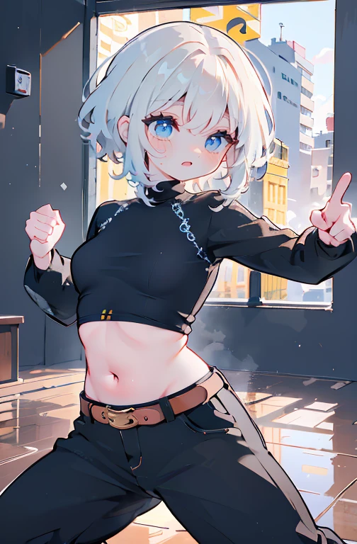 fundo da parede,(Intense dance movement:1.3),open your hands and move them widely,
Adicione efeitos de desfoque de movimento para simular movimento,fora do ombro,umbigo aparece,Loose lace sweater,belt cargo pants,Dance moves disturb fantasies,Messy hair,Cabelo curto com listras castanho claro e laranja brilhante,(Um sorriso que deixa as pessoas felizes:1.3),seios grandes e cheios,(em 8K, Foto CRU, mais alta qualidade, tampo da mesa,ultra hd),studio lighting,cinematic lighting,(realista, Fotorreal),Single Lens Reflex Digital Camera,looking at the camera,beautiful hands,lindos dedos,Detailed finger functions,Detailed characteristics of the outfit,Detailed characteristics of hair,detailed facial features,