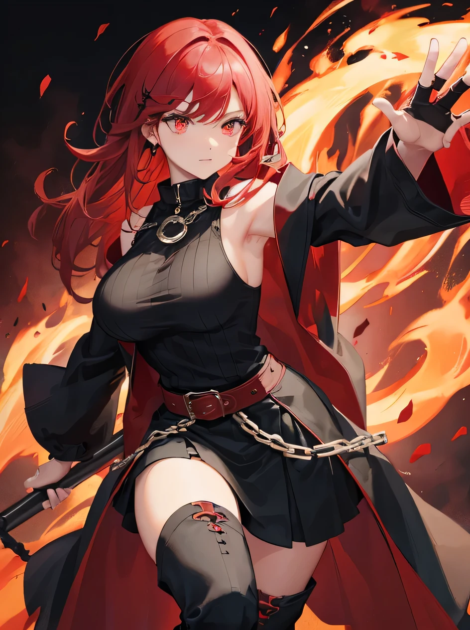 1female, female in her 30s, black fingerless gloves, long separate voile sleeves, big breasts, long over-the-knee black boots with red elements, knee-length skirt, sleeveless shirt, belt, several chains, short coat to the waist, long hair, staff, red elements on her clothes. cold red and black colours. dynamic pose. character poster style. fire magic.