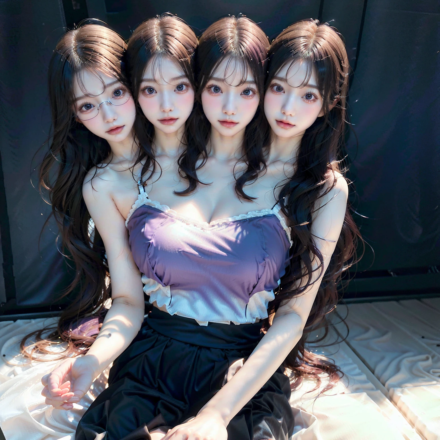 masterpiece,high quality,high resolusion,3heads,1 girl,Japanese girl,ultra detailed,long purple hair,Blue eyes,wearing a white ,wear a black tie,Wearing a long black skirt,big breasts,looking at the audience,school background,wearing red glasses