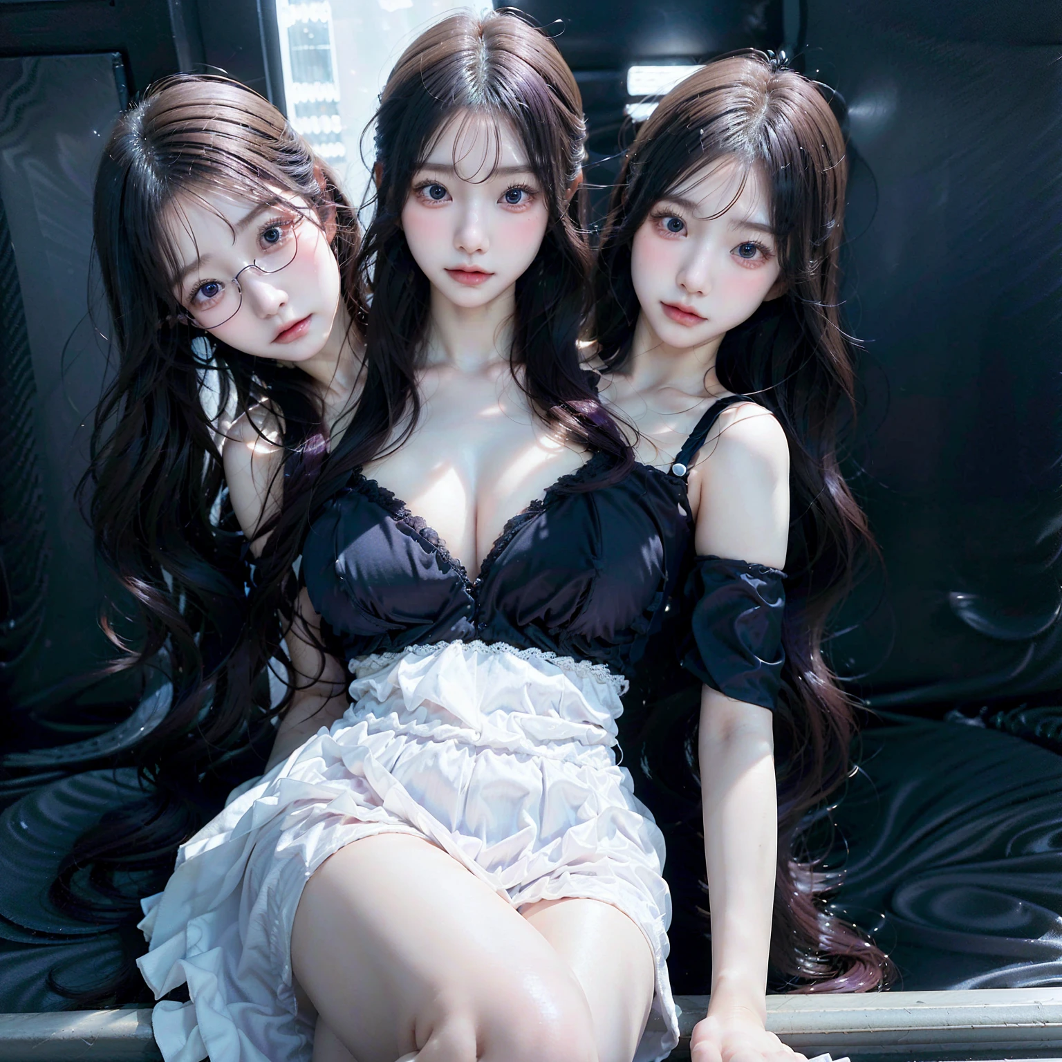 masterpiece,high quality,high resolusion,3heads,1 girl,Japanese girl,ultra detailed,long purple hair,Blue eyes,wearing a white ,wear a black tie,Wearing a long black skirt,big breasts,looking at the audience,school background,wearing red glasses