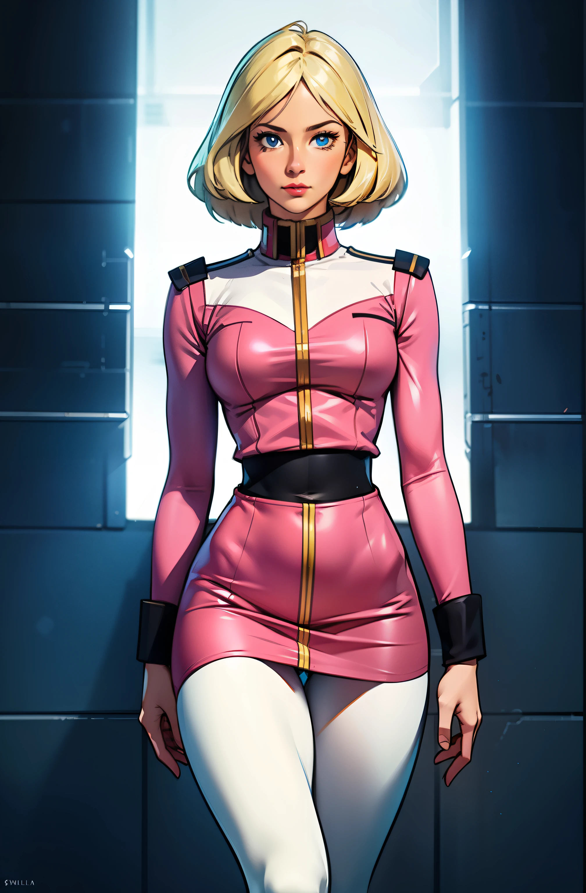 ((masterpiece)), ((cinematic lighting)), realistic photo、Real Images、Top image quality、1girl in, sayla mass, Elegant, masterpiece, Convoluted, slim arms, wide hips, thick thighs, thigh gaps, Best Quality, absurderes, high face detail, Perfect eyes, mature, Cowboy Shot, , Vibrant colors, soft pink uniform, soft pink Skirt, white tights