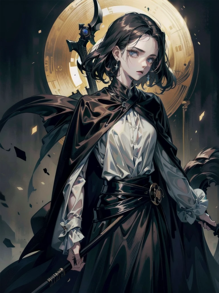 (ruined city), grim reaper, black scythe, robe, absurdres, RAW photo, extremely delicate and beautiful, masterpiece, Best Quality, ultra high resolution, 32k, hyperrealistic, ultra-detailed, detailed description, pale skin, 20 years old, tearful mole, earring, short medium hair, wavy hair, whole body shot,