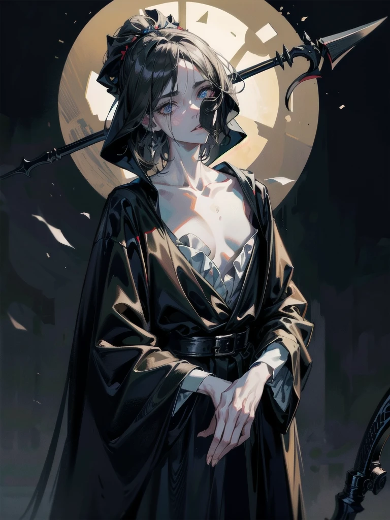 (ruined city), grim reaper, black scythe, robe, absurdres, RAW photo, extremely delicate and beautiful, masterpiece, Best Quality, ultra high resolution, 32k, hyperrealistic, ultra-detailed, detailed description, pale skin, 20 years old, tearful mole, earring, short medium hair, wavy hair, whole body shot,