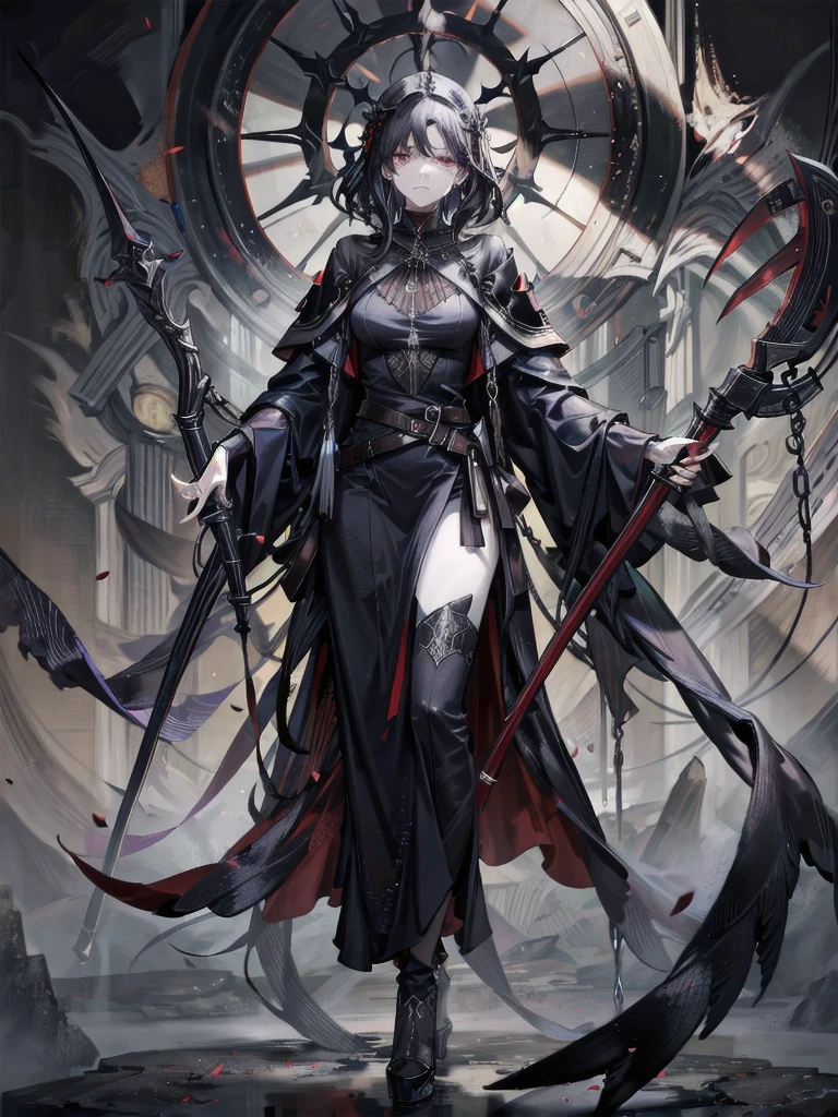 (ruined city), grim reaper, black scythe, robe, absurdres, RAW photo, extremely delicate and beautiful, masterpiece, Best Quality, ultra high resolution, 32k, hyperrealistic, ultra-detailed, detailed description, pale skin, 20 years old, tearful mole, earring, short medium hair, wavy hair, whole body shot,