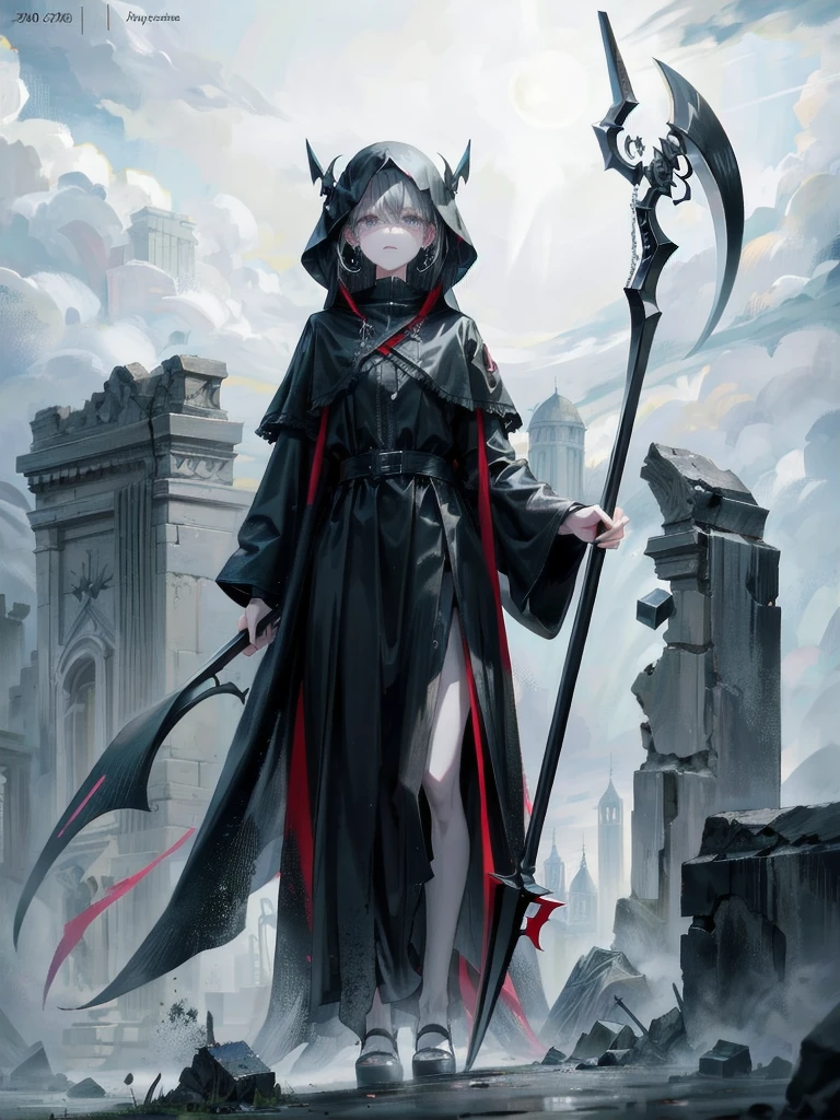 (ruined city), grim reaper, black scythe, robe, absurdres, RAW photo, extremely delicate and beautiful, masterpiece, Best Quality, ultra high resolution, 32k, hyperrealistic, ultra-detailed, detailed description, pale skin, 20 years old, tearful mole, earring, short medium hair, wavy hair, whole body shot,