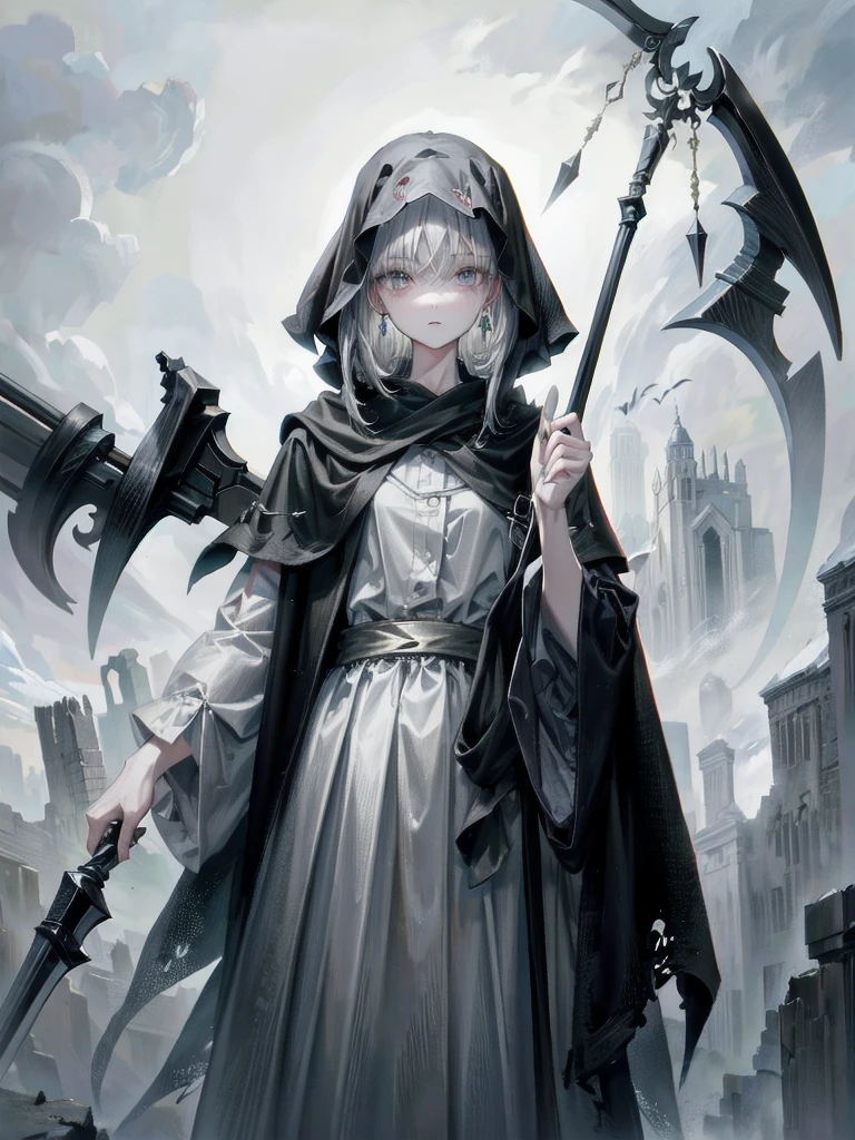 (ruined city), grim reaper, black scythe, robe, absurdres, RAW photo, extremely delicate and beautiful, masterpiece, Best Quality, ultra high resolution, 32k, hyperrealistic, ultra-detailed, detailed description, pale skin, 20 years old, tearful mole, earring, short medium hair, wavy hair, whole body shot,