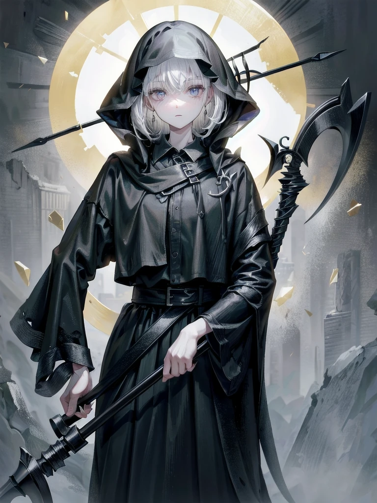 (ruined city), grim reaper, black scythe, robe, absurdres, RAW photo, extremely delicate and beautiful, masterpiece, Best Quality, ultra high resolution, 32k, hyperrealistic, ultra-detailed, detailed description, pale skin, 20 years old, tearful mole, earring, short medium hair, wavy hair, whole body shot,