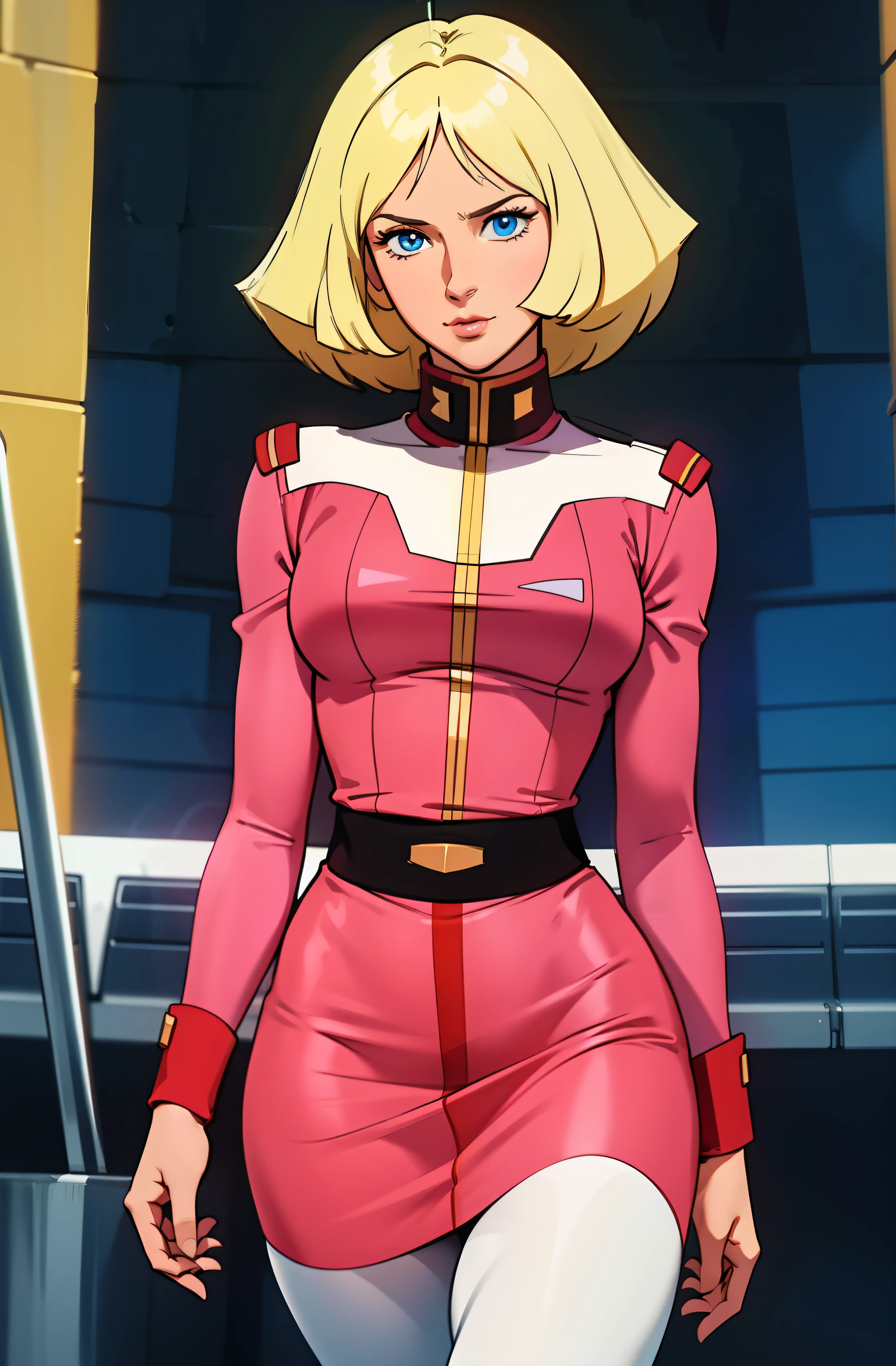 ((masterpiece)), ((cinematic lighting)), realistic photo、Real Images、Top image quality、1girl in, sayla mass, Elegant, masterpiece, Convoluted, slim arms, wide hips, thick thighs, thigh gaps, Best Quality, absurderes, high face detail, Perfect eyes, mature, Cowboy Shot, , Vibrant colors, soft pink uniform, soft pink Skirt, white tights