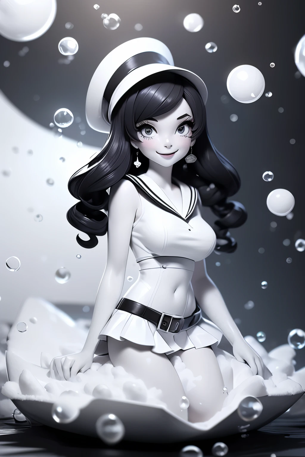 Roblox A black and white photograph of a woman dressed as a sailor., in a bubble bath, April photography, 60s smile, la moda del cabello