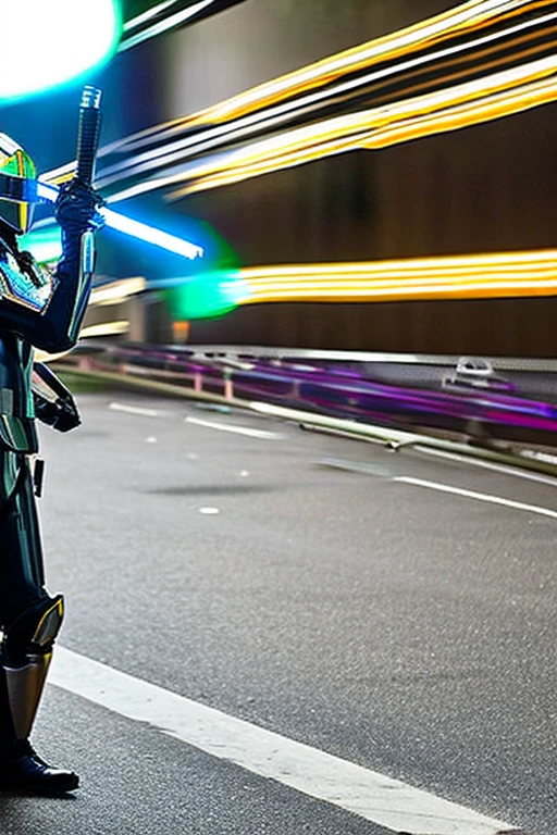 Wearing a cool full-face helmet like those of Japanese special effects heroes such as Kamen Rider and Garo,、A hero wearing metallic armor is holding a laser saber.。The surroundings are a city at night with the aurora shining.