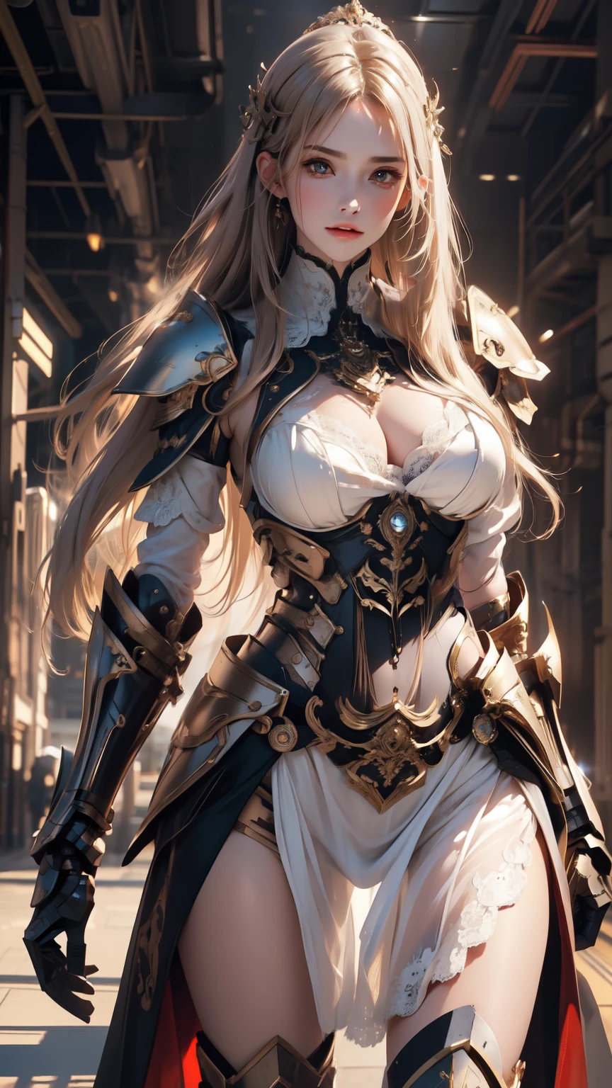 Combat Stance,(Movie Scenes,Fantasy art,Best image quality,Hyperrealist portrait,(8k),Ultra-realistic,最high quality,high quality,High resolution,high qualityの質感,Attention to detail,Beautiful details,Fine details,Highly detailed CG,Detailed Texture,Realistic facial expressions,masterpiece,before,dynamic,bold),1 Girl,Highly detailed skin,curve,,Beautiful breasts,Big Breasts,Pale skin,Pointed Chest,Erect nipples,(Thin Hair),(Soft Hair),(Super Straight Hair),Long, slicked bangs,Very light coppery amber hair,Hair on one eye,Browsing Caution,lily,(Pornographic images),(Leather boots,(asymmetrical mechanical armor),(White lace long dress with embroidery,See through,Lifting the hem of the dress))