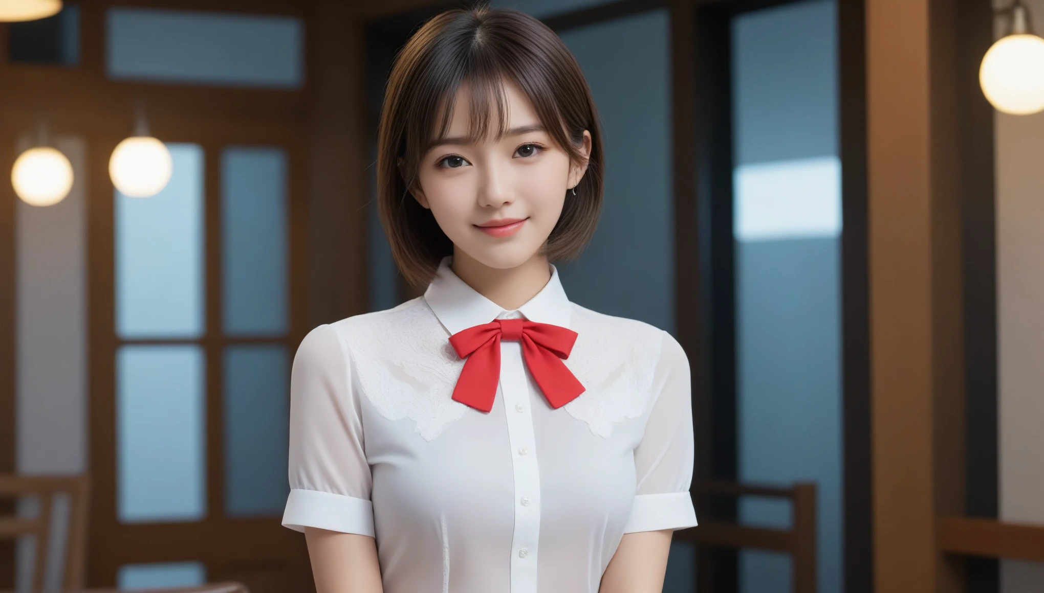 8k, Ultra-high resolution, highest quality, masterpiece, Surreal, photograph, 1 girl, (16 years old:1.3), cute女の子, cute顔, Beautiful eyes in every detail, 細かくdetailedに,masterpiece,Japan Female Announcer,(8k, highest quality, masterpiece:1.2), (SFW:1.3), (Realistic, photo-Realistic:1.37), 非常にdetailed, 1 girl, cute, alone, 美しくdetailedな空, Detailed cafe, at night, Sitting, Date, (Red nose), (smile:1.1), (Mouth closed), Medium chest, Beautiful fine details, (Collared shirt:1.1), bow tie, Pleated skirt, (short hair:1.2), Flowing Hair、 Sexy pose、See through 、Looking at the audience、beauty,Long neck、Laugh a little、Please close your mouth and laugh、(((Ideal body type))),A-cup small breasts :2,、Portraiture:2、Perfect Anatomy、鮮明なdetailed、detailed、Surreal、Light and shadow,Strong light,Fashion magazine cover,Thin lips