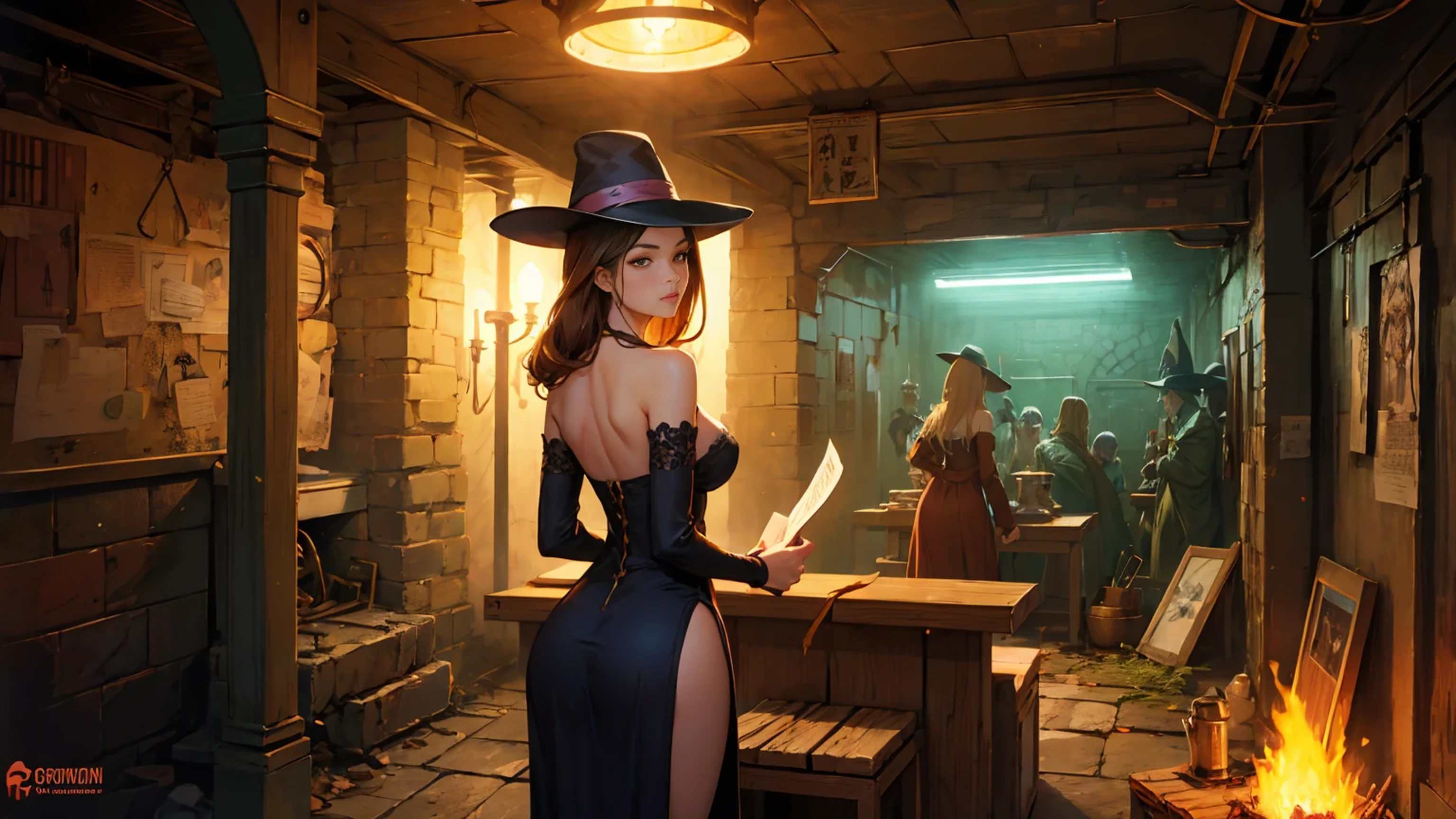 semi-realistic, anime style, 1woman reading an old scroll, (curvy body:0.8), neon lighting, dcSorcwitch hat, strapless dress, detached sleeves, FanUn, highly detailled backround, in abandonned subway, a fantasy underground laboratory, with cauldron, fireplace, torch lights on walls, scroll, grimoire, skeleton, moss on the wall, 