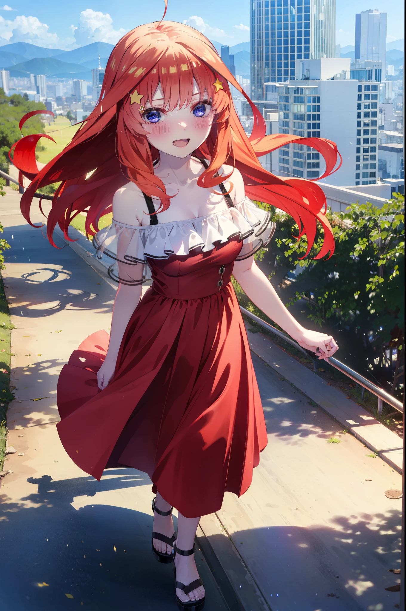 itsukinakano, Itsuki Nakano, bangs, blue eyes, Hair between the eyes, Ahoge, Redhead, star \(symbol\), hair ornaments, star hair ornaments,star型ペンダント,happy smile, smile, Open your mouth,Off-the-shoulder red dress,Exposing shoulders,Spring clavicle,Bare neck,Bare arms,Red long skirt,Cute heeled sandals,Real Summer,Daytime,sunny,My hair is blowing in the wind,whole bodyがイラストに入るように,Looking down from above,
break outdoors, city,海岸通り
break looking at viewer, whole body,
break (masterpiece:1.2), highest quality, High resolution, unity 8k wallpaper, (shape:0.8), (Beautiful details:1.6), Highly detailed face, Perfect lighting, Extremely detailed CG, (Perfect hands, Perfect Anatomy),