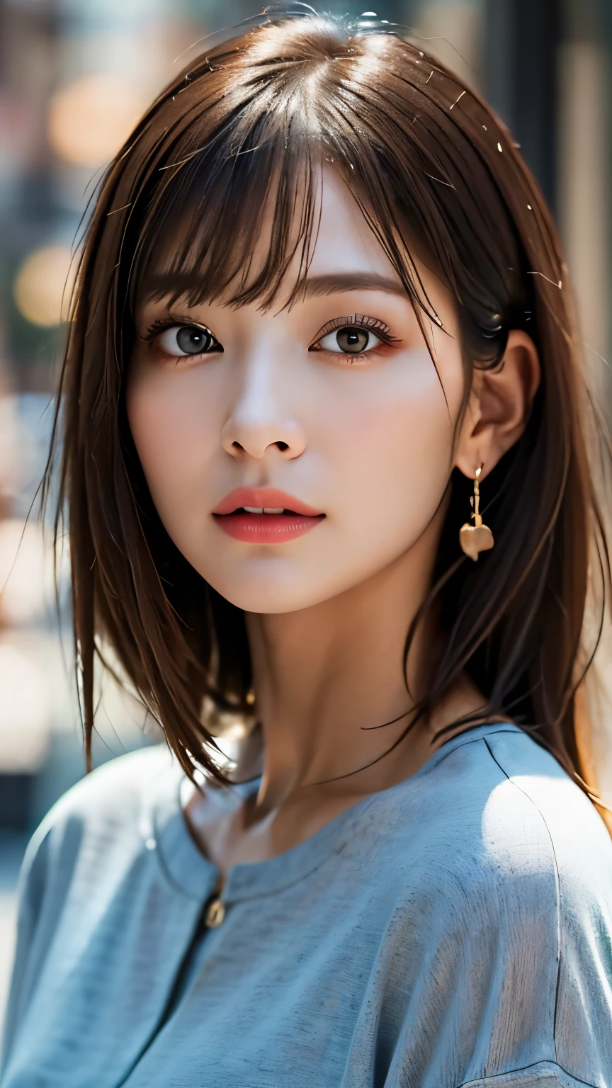 (hig彼st quality、8k、32k、masterpiece)、(Realistic)、(Realistic:1.2)、(High resolution)、((Random composition:1.6)), Very detailed、Very beautiful face and eyes、1 girl、Delicate body、(hig彼st quality、Attention to detail、Rich skin detail)、(hig彼st quality、8k、Oil paints:1.2)、Very detailed、(Realistic、Realistic:1.37)、Bright colors, (Casual Fashion:1.3), Blunt bangs, 