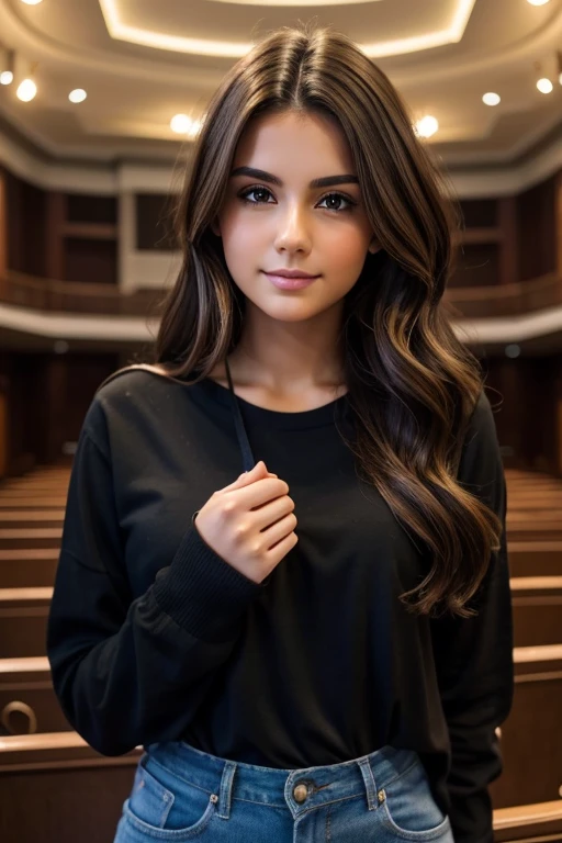 beautiful brunette with brunette highlights wearing a black shirt clothes, photographer holding the camera in hands highly detailed, 22 years old, innocent face, natural wavy hair, hazel eyes, Beauty 1 people, 1 people beauties, Casual clothes, A hyper-realistic, Looking to the side expression auditorium hall hiquality, Friends group, Nikon, Canon, Fujifilm, HD, 4K, 8k