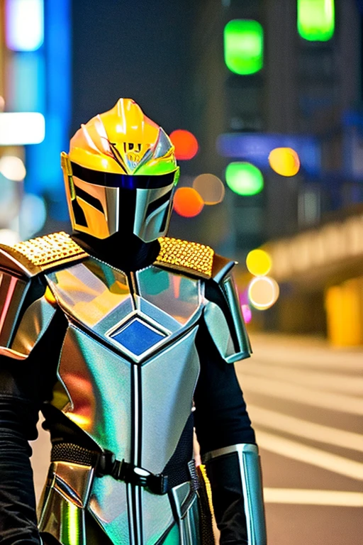 Wearing a cool full-face helmet like those of Japanese special effects heroes such as Kamen Rider and Garo,、A hero wearing metallic armor is holding a laser saber.。The surroundings are a city at night with the aurora shining.