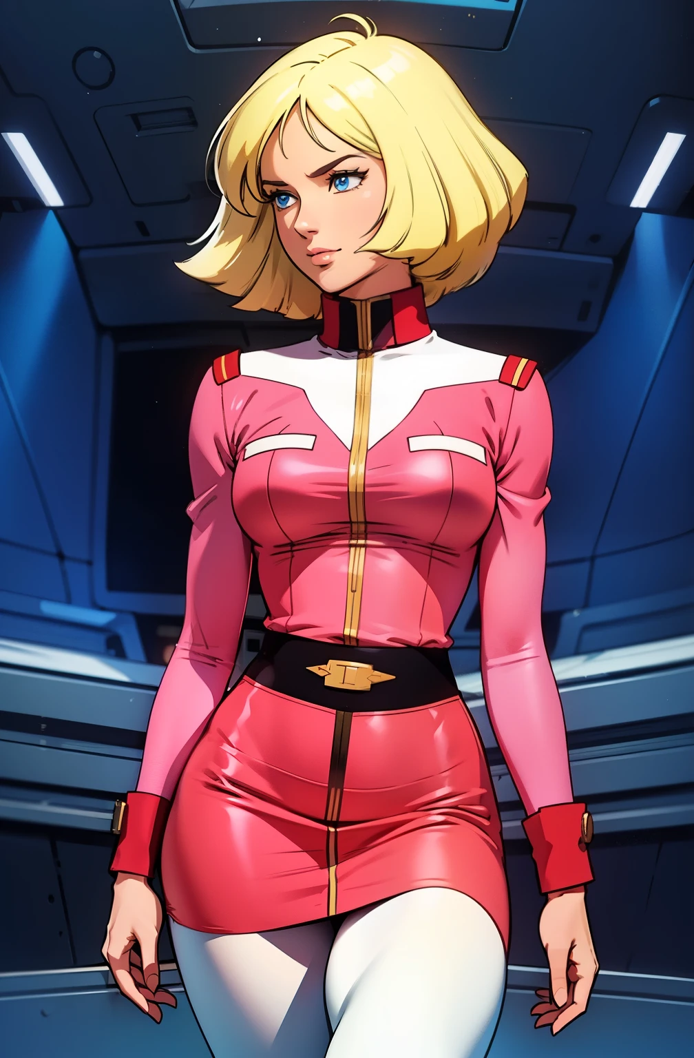 ((masterpiece)), ((cinematic lighting)), realistic photo、Real Images、Top image quality、1girl in, sayla mass, Elegant, masterpiece, Convoluted, slim arms, wide hips, thick thighs, thigh gaps, Best Quality, absurderes, high face detail, Perfect eyes, mature, Cowboy Shot, , Vibrant colors, soft pink uniform, soft pink Skirt, white tights, side view
