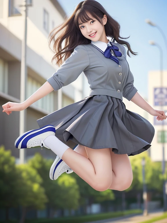 Photo-realistic quality、 Jump into the air in the park２０Images of old women、Cute and playful poses of idols, Beautiful face with arms and legs, a hyperRealistic , She is dancing. Realistic,Jump pose、looking at the camera、Beautiful Model、Cute Smile、Detailed and beautiful eyes、A soft and gentle look