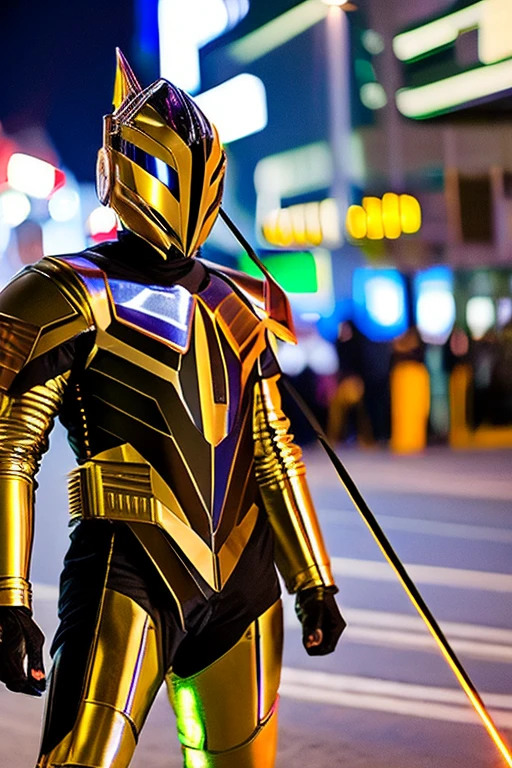 Wearing a cool full-face helmet like those of Japanese special effects heroes such as Kamen Rider and Garo,、A hero wearing metallic armor is holding a laser saber.。The surroundings are a city at night with the aurora shining.