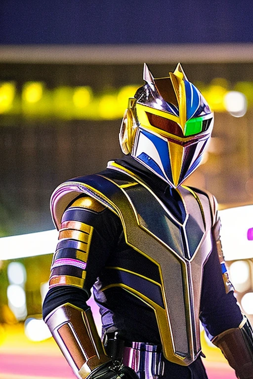Wearing a cool full-face helmet like those of Japanese special effects heroes such as Kamen Rider and Garo,、A hero wearing metallic armor is holding a laser saber.。The surroundings are a city at night with the aurora shining.
