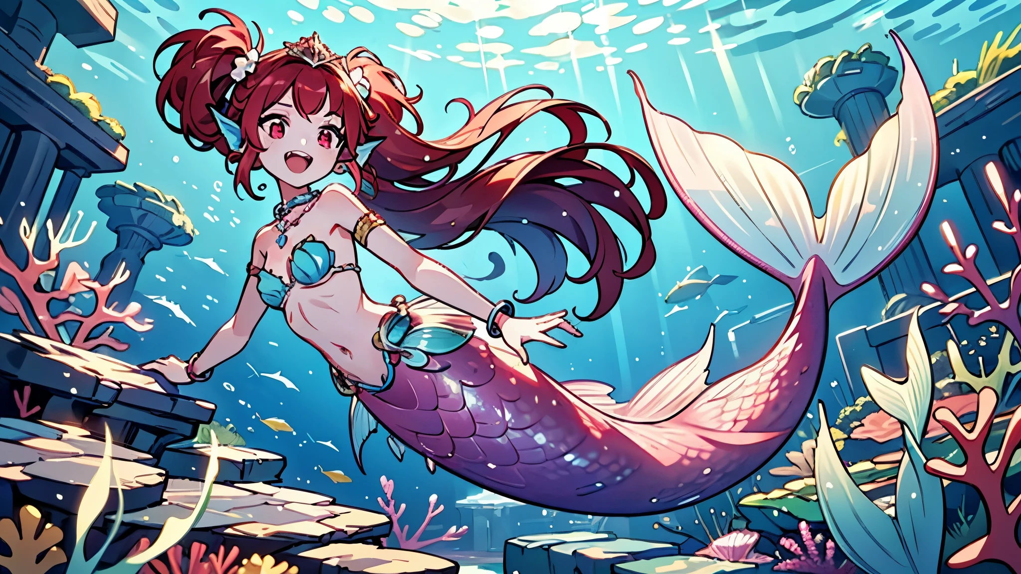(best quality,4k,8k,highres,masterpiece:1.2),ultra-detailed, Pretty princess magically transformed into a beautiful mermaid, race swap, fantastic transformation, steampunk, long and detailed mermaid tail with shimmering red scales, fins ears, drawn in anime style, very long twintails red hair, sharp teeth, is smiling, pink eyes, small breast, long pelvic and dorsal fins, forearms fins, pair of fish gills on the torso, seashells bra, starfish hair clips, pearl earrings and bracelets, pearl necklace, hair ribbons, gold tiara, new beautiful body,she’s smiling,embracing her new life has a mermaid, underwater world,colorful coral reef,magical underwater lighting,vivid colors,breathing underwater,endless ocean depths,sunlight filtering through the water,joyful expression,playful mermaid poses,floating gracefully,serene and peaceful environment,sparkling water,water reflections,ethereal atmosphere,subtle glow,whimsical and enchanting,curious marine life,seaweed,seashells,blissful transformation,fantastical ocean adventure,beauty of the ocean depth.