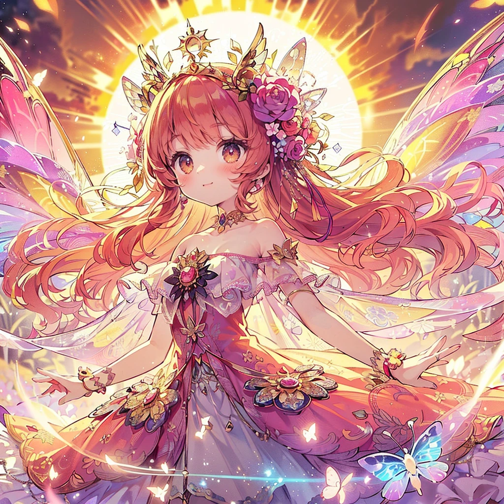 (Exquisite, beautiful, Very detailed, masterpiece, High resolution,high quality,High resolution),(Well-formed face,Soft and thin lines: 1.2, beautiful, Delicate and vivid illustrations with a mature and clear feel),(The motif is the sun, and a fairy princess with butterfly-like fairy wings is standing with flame flares around her body and the sun in the background.,), (sun, Flare),((Ultra Wide Shot, Ultra-wide angle of view,whole body)) ((fun, smile,Full of energy)), (Gold tiara, earrings, choker and anklet,), ((A red ball gown dress with a sun motif, Fairy wings from the back)), (Deep pink cheeks、Plump pink lips,Big Bus, Fair skin, Good style), (Sun&#39;s light, pastel colour, Bright atmosphere, colorful, Bright colors,Fantasy),