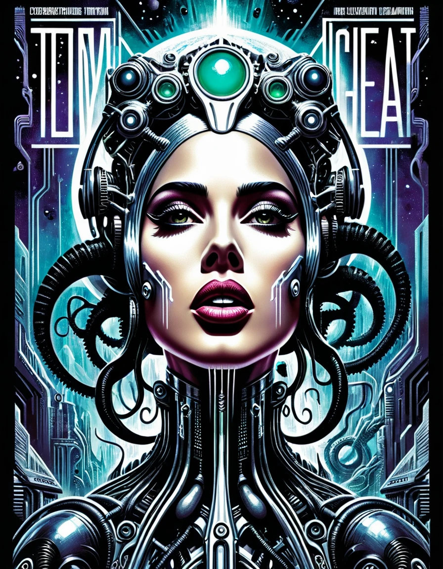 Lovecraftian Lady gaga, sexy cyborg body part, magazine cover, poster art , Lovecraftian creative creatures, hint of vibrant, bold huge text, matted design layout. technological elements, cosmic dread, noise background