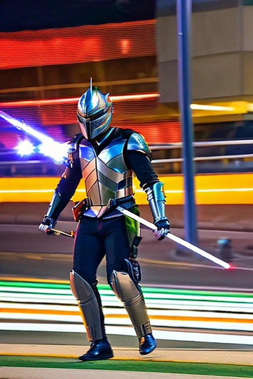 Wearing a cool full-face helmet like those of Japanese special effects heroes such as Kamen Rider and Garo,、A hero wearing metallic armor is holding a laser saber.。The surroundings are a city at night with the aurora shining.