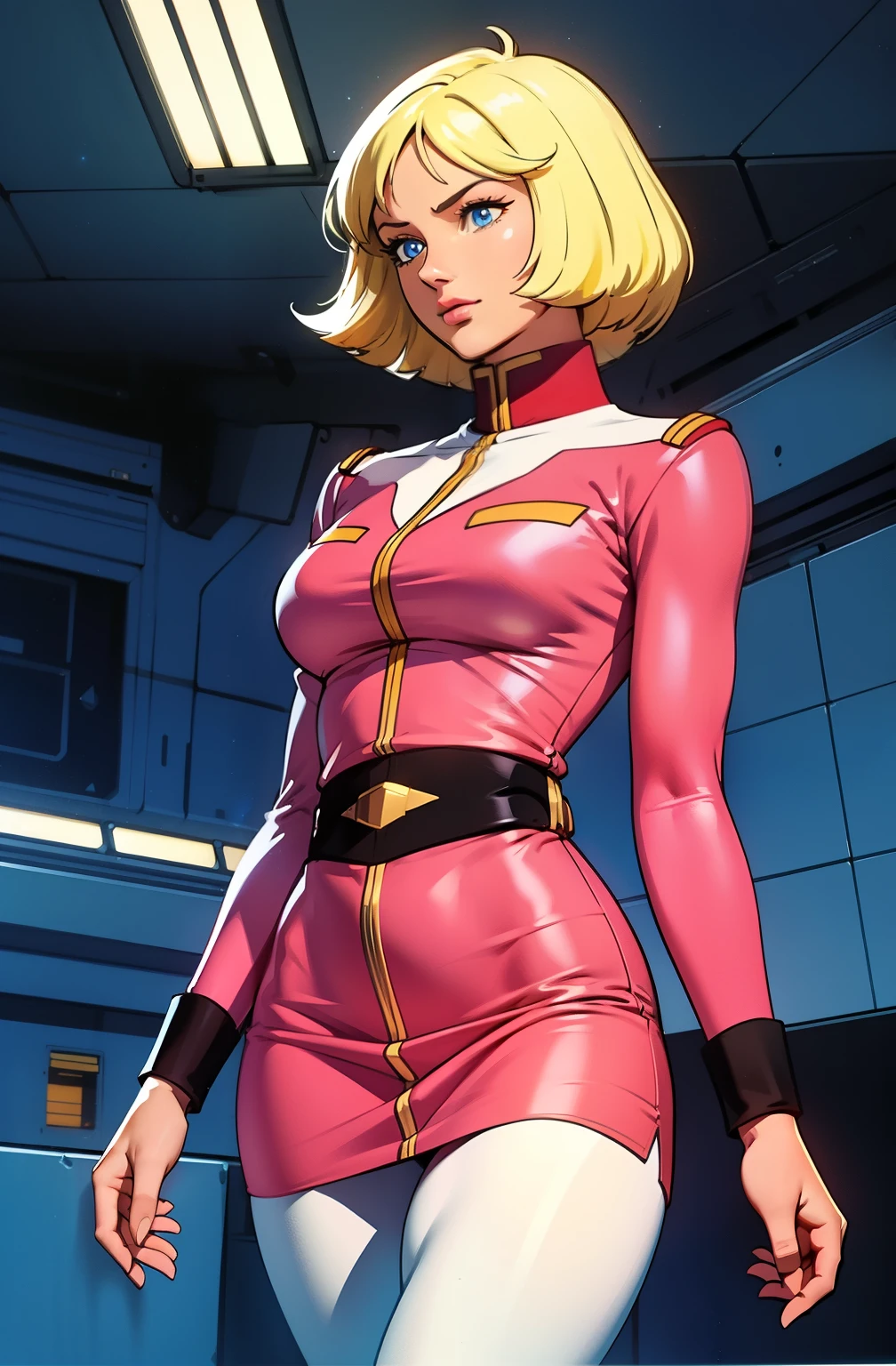 ((masterpiece)), ((cinematic lighting)), realistic photo、Real Images、Top image quality、1girl in, sayla mass, Elegant, masterpiece, Convoluted, slim arms, wide hips, thick thighs, thigh gaps, Best Quality, absurderes, high face detail, Perfect eyes, mature, Cowboy Shot, , Vibrant colors, soft pink uniform, soft pink Skirt, white tights, side view