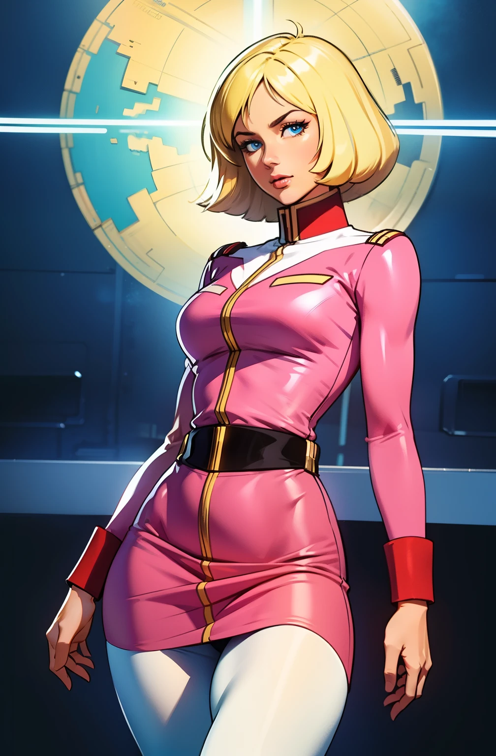 ((masterpiece)), ((cinematic lighting)), realistic photo、Real Images、Top image quality、1girl in, sayla mass, Elegant, masterpiece, Convoluted, slim arms, wide hips, thick thighs, thigh gaps, Best Quality, absurderes, high face detail, Perfect eyes, mature, Cowboy Shot, , Vibrant colors, soft pink uniform, soft pink Skirt, white tights, side view