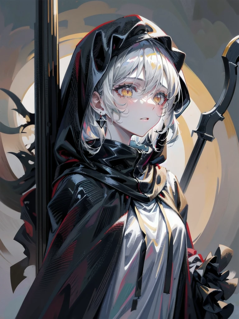 (ruined city), grim reaper, black scythe, robe, absurdres, RAW photo, extremely delicate and beautiful, masterpiece, Best Quality, ultra high resolution, 32k, hyperrealistic, ultra-detailed, detailed description, pale skin, 20 years old, tearful mole, earring, short medium hair, wavy hair, whole body shot,