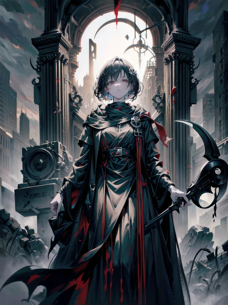 (ruined city), grim reaper, black scythe, robe, absurdres, RAW photo, extremely delicate and beautiful, masterpiece, Best Quality, ultra high resolution, 32k, hyperrealistic, ultra-detailed, detailed description, pale skin, 20 years old, tearful mole, earring, short medium hair, wavy hair, whole body shot,