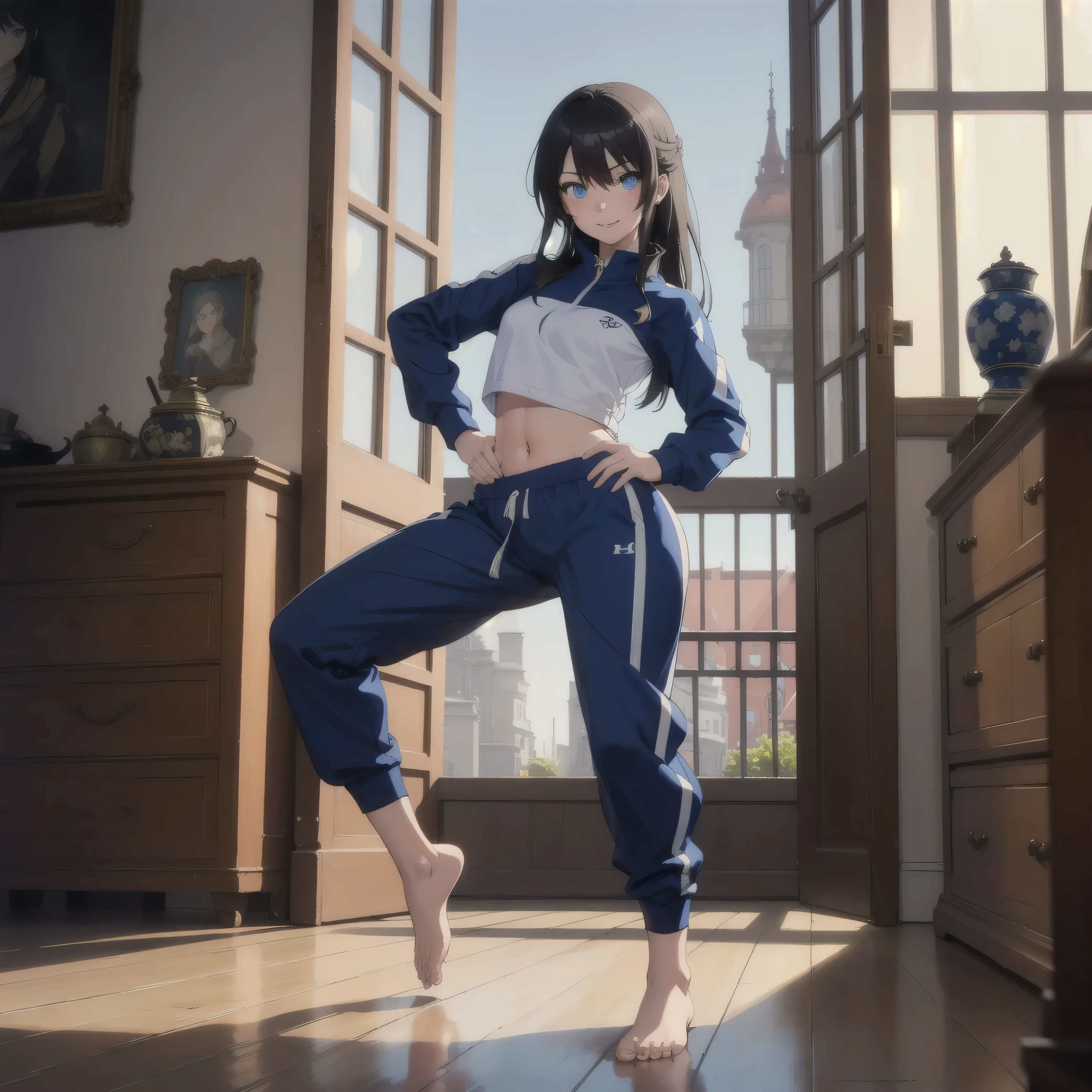 1girl, angry, hair, looking at viewer,(beautiful detailed blue eyes), (Persona), squatting, spread legs,amagi_yukiko, over size(track suit pants), (hand on hips), from below, (line off), (beautiful antique shop room), small open Window, barefoot, smile, ((((A girl who moves her hips left and right)))), ((((Shining Eyes)))), blue sky