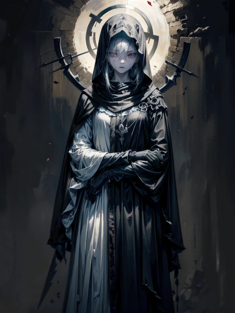 (ruined city), grim reaper, black scythe, robe, absurdres, RAW photo, extremely delicate and beautiful, masterpiece, Best Quality, ultra high resolution, 32k, hyperrealistic, ultra-detailed, detailed description, pale skin, 20 years old, tearful mole, earring, short medium hair, wavy hair, whole body shot,