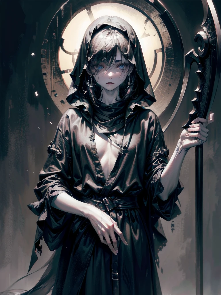 (ruined city), grim reaper, black scythe, robe, absurdres, RAW photo, extremely delicate and beautiful, masterpiece, Best Quality, ultra high resolution, 32k, hyperrealistic, ultra-detailed, detailed description, pale skin, 20 years old, tearful mole, earring, short medium hair, wavy hair, whole body shot,
