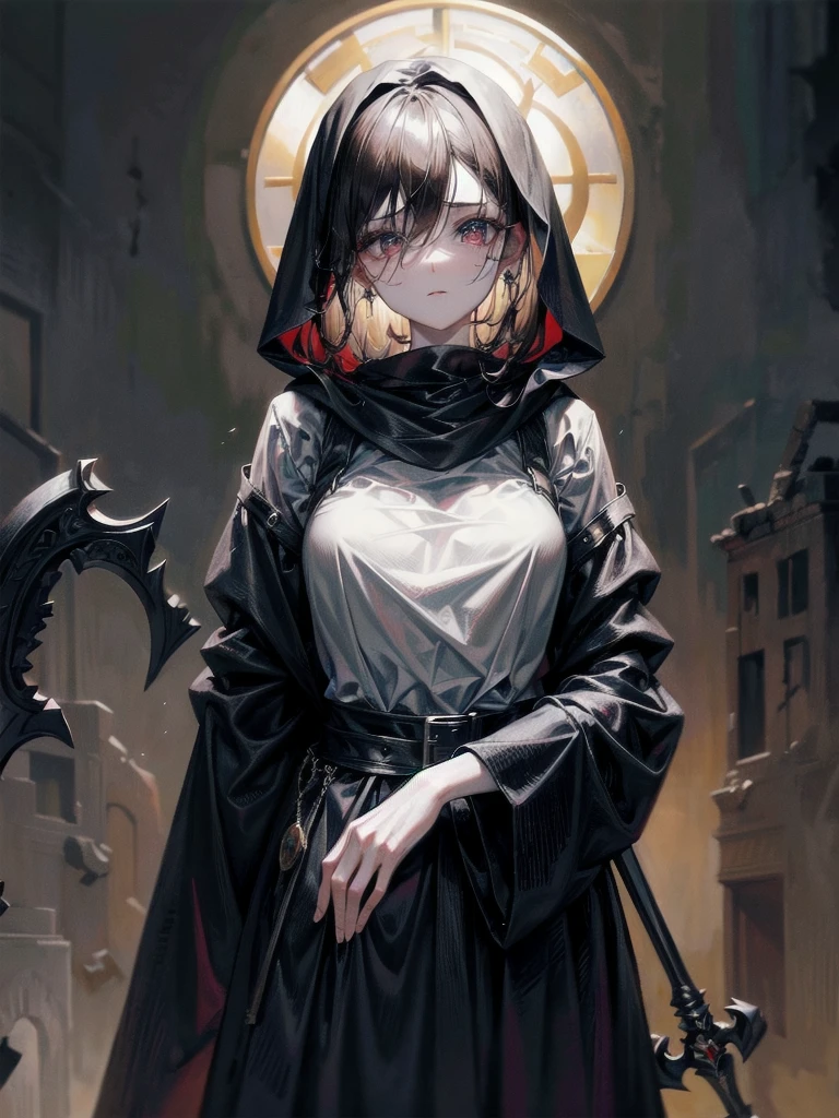 (ruined city), grim reaper, black scythe, robe, absurdres, RAW photo, extremely delicate and beautiful, masterpiece, Best Quality, ultra high resolution, 32k, hyperrealistic, ultra-detailed, detailed description, pale skin, 20 years old, tearful mole, earring, short medium hair, wavy hair, whole body shot,