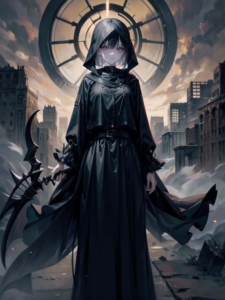 (ruined city), grim reaper, black scythe, robe, absurdres, RAW photo, extremely delicate and beautiful, masterpiece, Best Quality, ultra high resolution, 32k, hyperrealistic, ultra-detailed, detailed description, pale skin, 20 years old, tearful mole, earring, short medium hair, wavy hair, whole body shot,