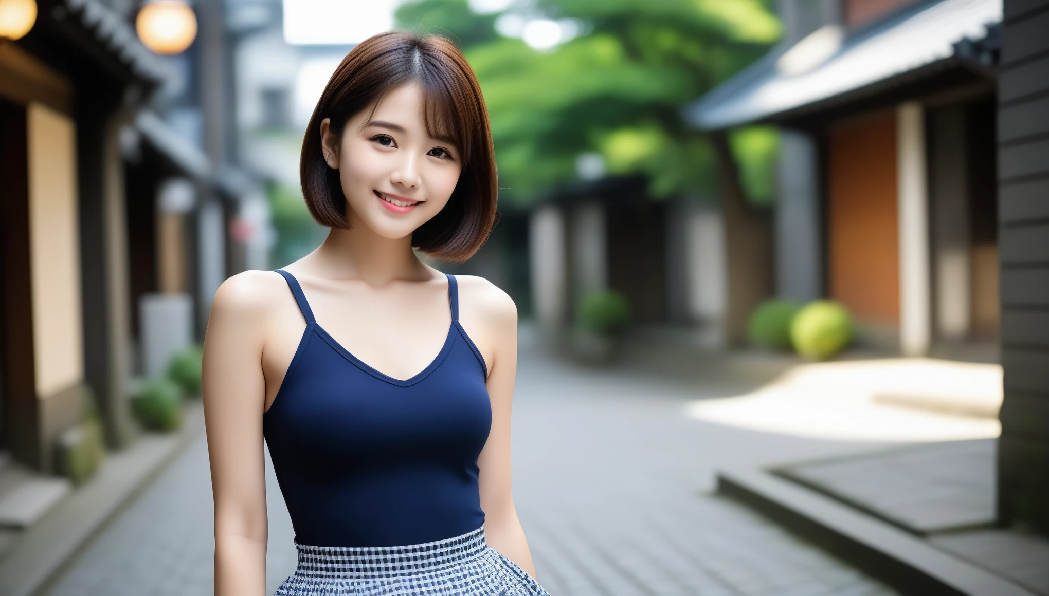8k, Ultra-high resolution, highest quality, masterpiece, Surreal, photograph, 1 girl, (16 years old:1.3), pretty girl, Cute Face, Beautiful eyes in every detail, 細かくdetailedに,masterpiece,Japan Female Announcer,(highest quality、8k、32k、masterpiece、Hmph:1.2)、かわいい日本人女性のphotograph、Big ample breasts、Very short bob hair、18-year-old girl、Small Face、Arafed Asian girl in uniform, Girl Standing On The Sidewalk, When you smile, your teeth are visible、Medium sized breasts、Turn your body to the side、clavicle,photograph家を見る、Checkered Super Mini Skirt、Realistic Young Gravure Idol, Surreal , Shot on Sony Alpha 9, Beautiful Japanese Girls, Young Gravure Idol, Surreal , A young and cute gravure idol, Cobblestones and old European cityscape background、(From below:1.0)、 Sexy pose、See through 、Looking at the audience、beauty,Long neck、Laugh a little、Please close your mouth and laugh、(((Ideal body type))),A-cup small breasts :2,、Portraiture:2、Perfect Anatomy、鮮明なdetailed、detailed、Surreal、Light and shadow,Strong light,Fashion magazine cover,Thin lips